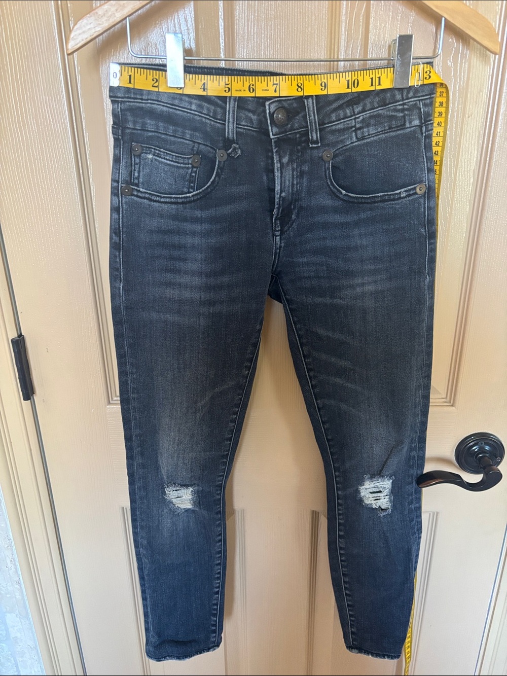 R13 Women's Skinny Jeans in Washed Black with Knee Distress
